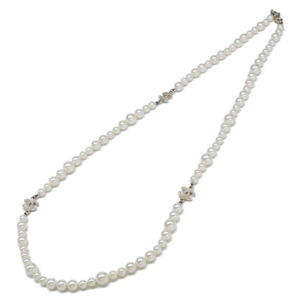 CHANEL A11C Rhinestone Coco Mark Pearl Long Necklace with Light Gold Hardware...